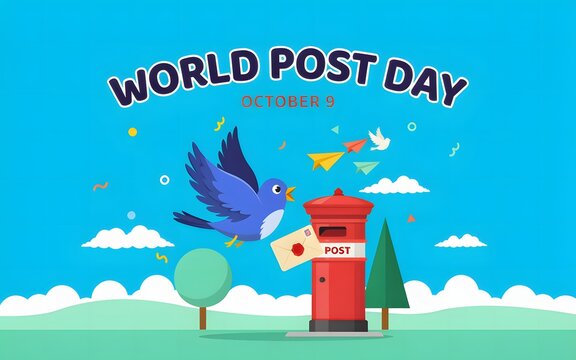 World post day celebration with blue bird and red postbox