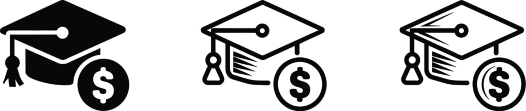 Education cost and tuition fees icon with graduation cap and dollar coin for student expenses, academic funding, and finance