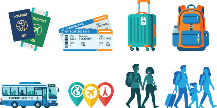 Travel Essentials Vector Icons with Passports, Boarding Passes, Luggage, Shuttle Bus, and TravelersTravel Essentials Vector Icons with Passports, Boarding Passes, Luggage, Shuttle Bus, and Travelers
