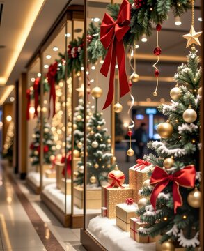 Festive Christmas Decor with Trees Ornaments Bows and Gifts in Shopping Mall