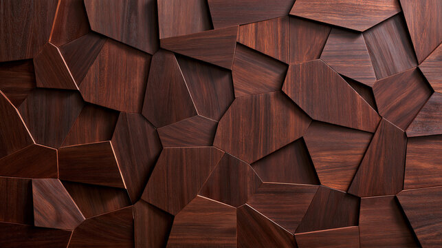 Modern dark wood geometric panel wall with dramatic lighting and varied depth. Ideal for luxurious interior design and architecture backgrounds.