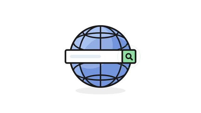 Global search engine interface animation showing a web browser bar loading on a spinning world globe