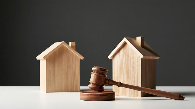 Wooden judge gavel resting between two miniature house models under studio lighting. Ideal for real estate law and property dispute concepts.