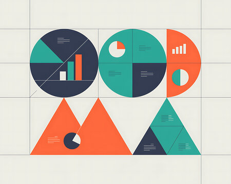 Geometric infographic with circles triangles and bar charts in orange teal and dark blue data visualization