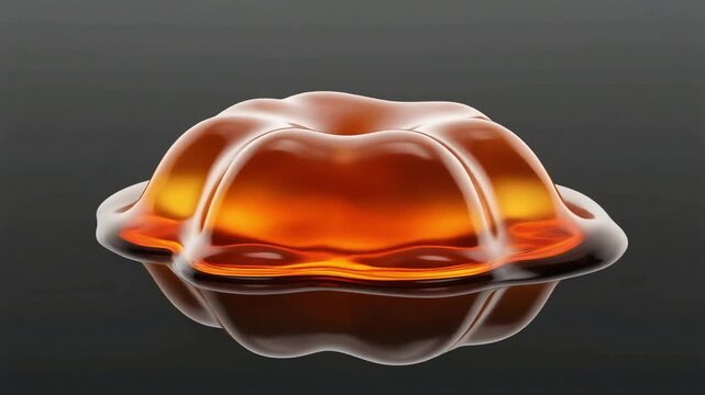 Amber gelatin dessert slowly deforming on reflective surface