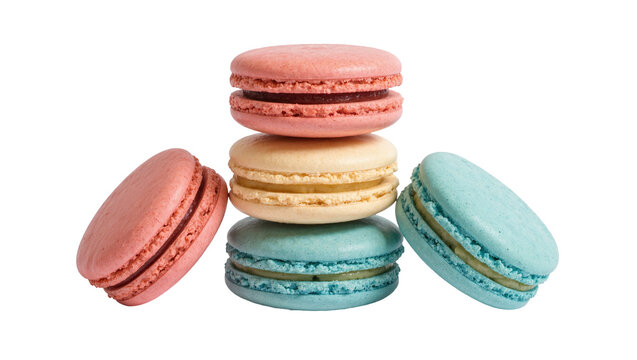 Stack of colorful French macarons with cream filling, isolated on transparent background