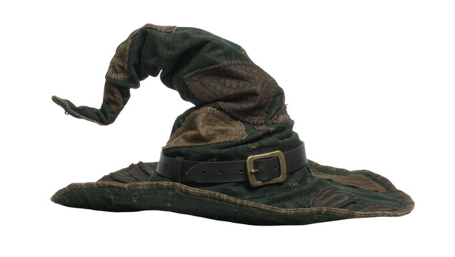Patchwork wizard hat with leather belt and brass buckle, isolated on transparent background