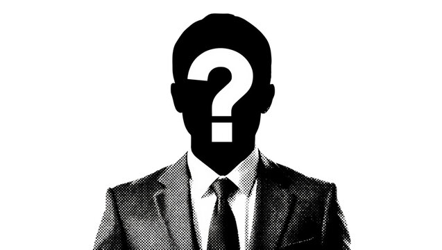 Silhouette of a man in a suit with a question mark for a face, isolated on transparent background