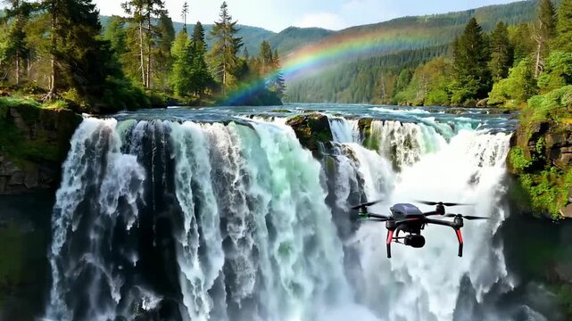 Drone Flying Over a Beautiful Waterfall with a Rainbow.