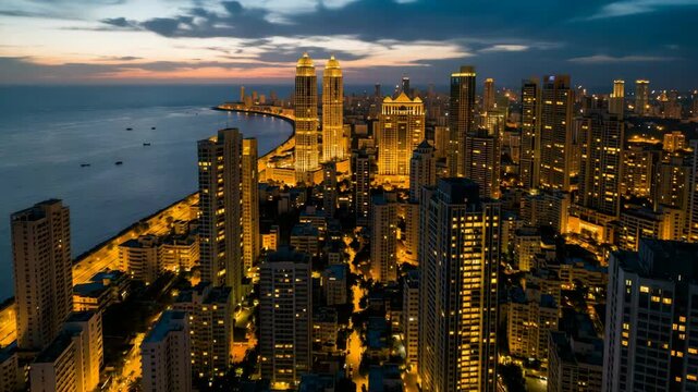 mumbai india aerial skyline with south mumbai buildings timelapse from sunset to night