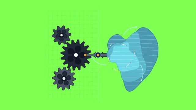 Mechanical gear assembly system showing rotating cogs and articulated robotic arm manipulating abstract fluid shape