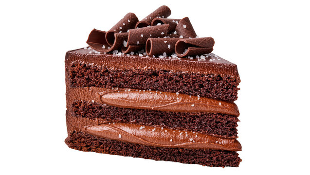 Decadent chocolate cake slice with rich frosting and chocolate curls, isolated on transparent background