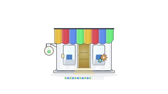 Online store loading progress bar animation with shop interface and security status icons