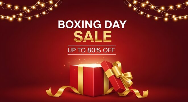 Opened gift box with golden ribbon on a red background boxing day sale promotion