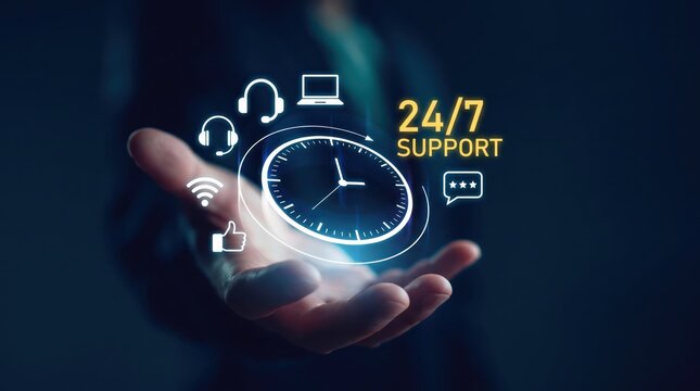 Hand holding a glowing holographic clock and support icons representing 24/7 customer service, technical assistance, and reliable communication solutions available anytime.