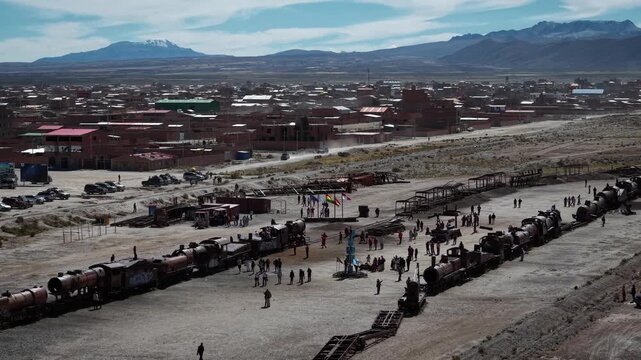 Aerial drone footage of Uyuni Train Cemetery, Bolivia, 4k footage 