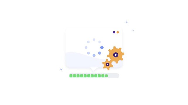 Progress bar loading sequence with rotating gears and checkmark completion icons for digital interface