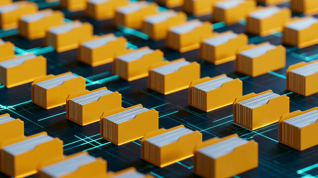 A grid of yellow folders neatly organized on a digital server matrix background with glowing lines. This data management concept is ideal for IT and cloud storage projects.