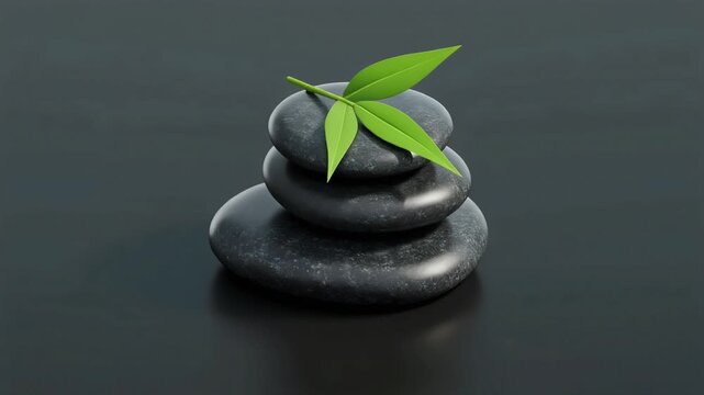 Zen stones with green leaves on dark background