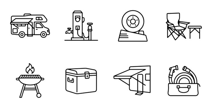 RV Camping Icons, Motorhome Travel Gear Set, Outdoor Recreation Equipment, Vector Graphics