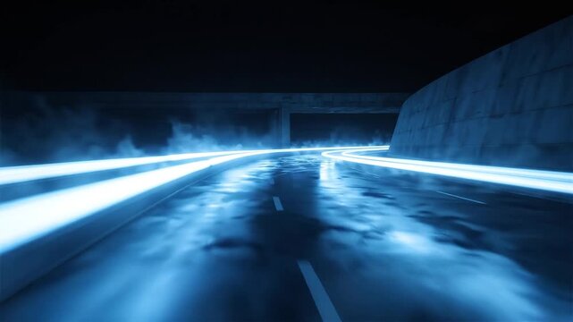 Long exposure photograph of bright blue light trails on a dark, wet, winding road at night.