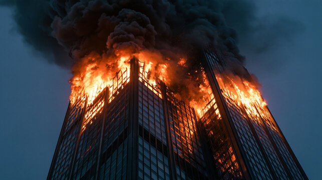 A massive skyscraper burning with intense orange flames and thick black smoke at night. This dramatic scene depicts a major urban disaster or emergency.