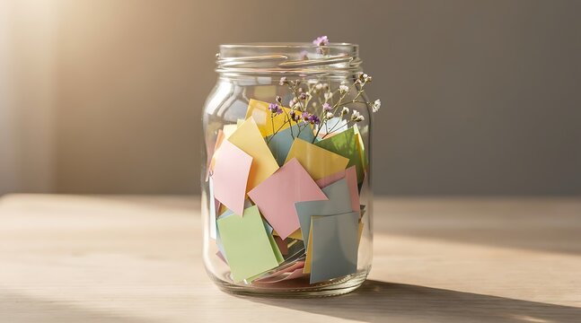 A glass gratitude jar filled with colorful blank paper notes and delicate dried flowers on a wooden table in soft warm sunlight, representing mindfulness, positive thinking, and memories.