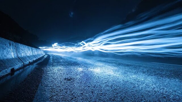 Long exposure photograph of bright blue light trails on a dark, wet, winding road at night.