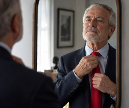 Senior man adjusting tie with confidence in elegant indoor setting