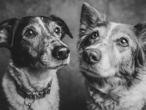 adorable dog couple portrait in black and white