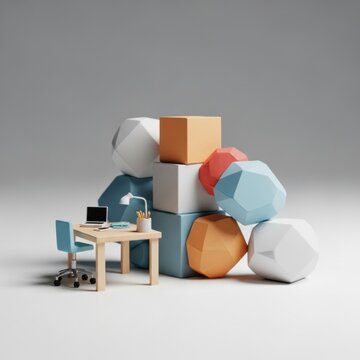 3D miniature office workspace featuring a wooden desk, blue chair, and laptop positioned beside a stack of colorful geometric shapes and polyhedrons on a grey background.