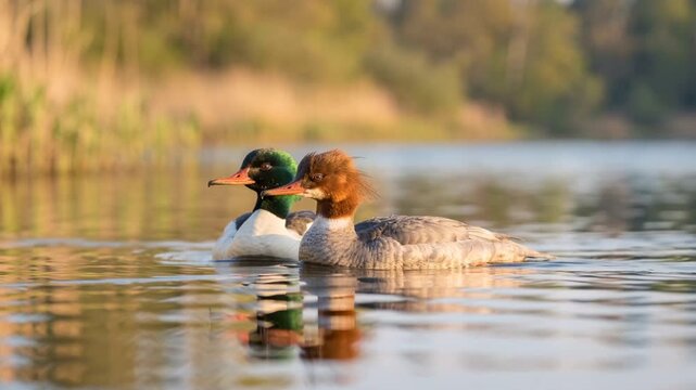 two mergansers duck close up at morning light on lake superior minnesota video