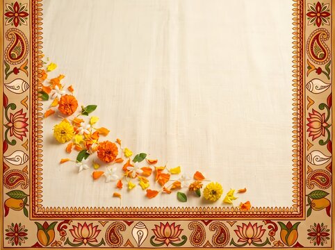 Festive indian background with marigold flowers and traditional border