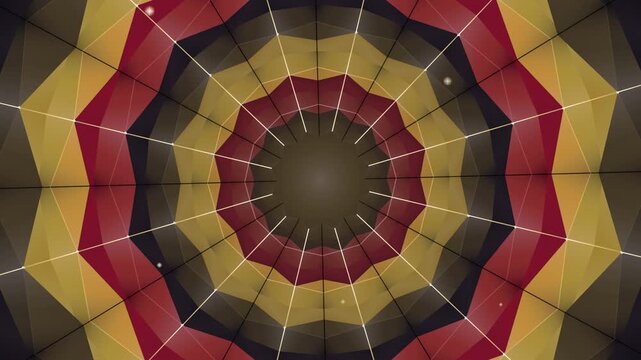 Geometric Kaleidoscope Mandala Animation With Red And Gold Polygonal Rings Undulating In Radial Motion
