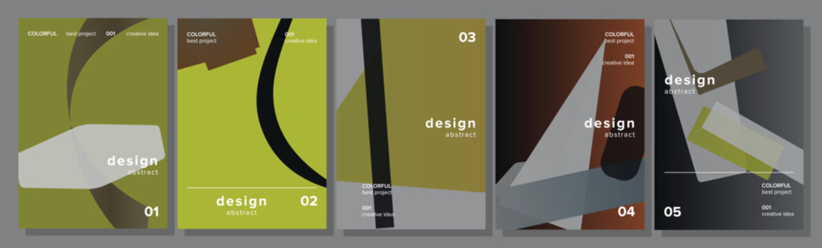 Collection of abstract geometric design covers featuring dynamic shapes and colorful elements, ideal for modern branding, marketing, and creative business presentations