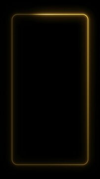Gold neon rounded rectangle frame on black background with glowing light running around the border, vertical seamless loop video for new year celebration and social media overlay in 4K
