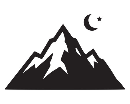 Minimalist black silhouette of mountain peaks at night with crescent moon and star mountain peak night sky minimalist