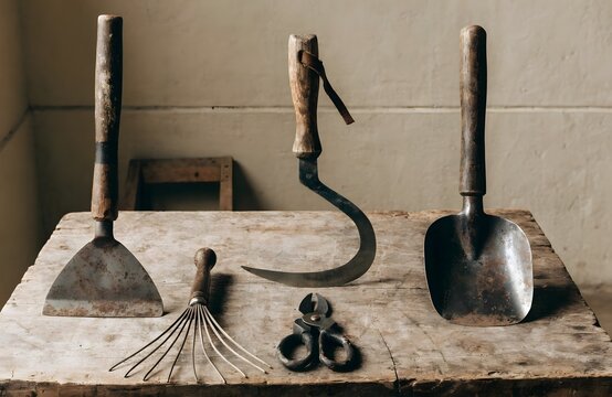 Vintage Rustic Garden Tools Displayed On Wooden Surface