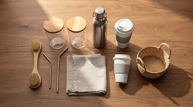 Collection of zero waste and eco friendly lifestyle products including reusable coffee cups, stainless steel water bottle, glass jars with bamboo lids, metal straws, and wooden brush on wooden