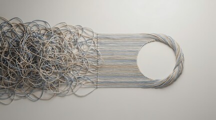 Fototapeta premium Conceptual illustration of strings transitioning from chaotic tangled mess into straight organized lines and a neat braided circle representing problem solving and order from chaos