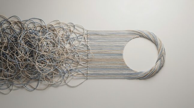 Conceptual illustration of strings transitioning from chaotic tangled mess into straight organized lines and a neat braided circle representing problem solving and order from chaos