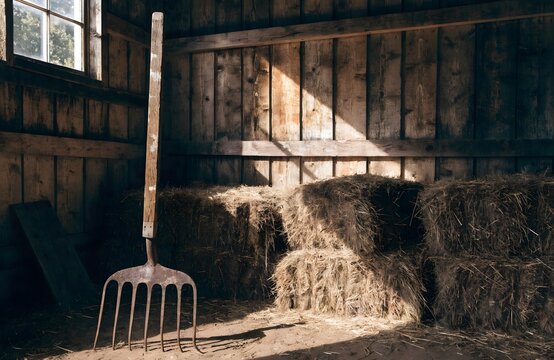 Rustic barn interior with hay bales and farming pitchfork tool