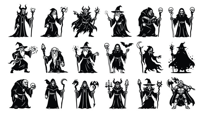 Collection of wizard and sorcerer silhouettes in various poses against a white background arcane