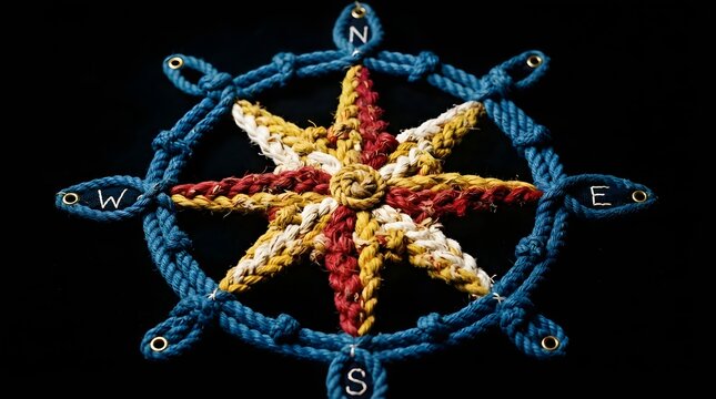 Nautical compass rose made of colorful braided rope on a black background