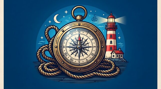 Illustration of a vintage brass compass with coiled rope and a lighthouse at night