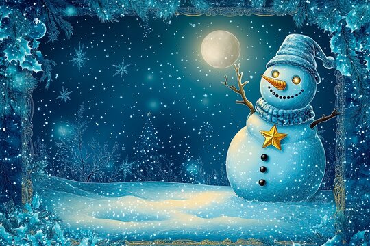 Magical snowman with twinkling eyes and a golden star at night