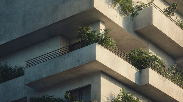 photorealistic architectural detail of a fictional contemporary apartment facade, staggered private balconies with integrated planters, textured warm concrete