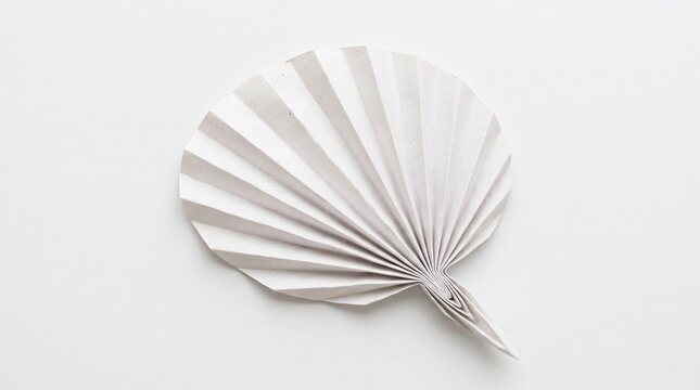 Minimalist white origami paper fan, elegant handmade pleated paper craft, clean Japanese style folding fan on white background