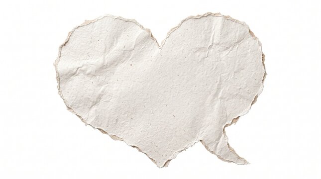 Torn paper heart with speech bubble tail, textured white scrap paper on white background, romantic message concept