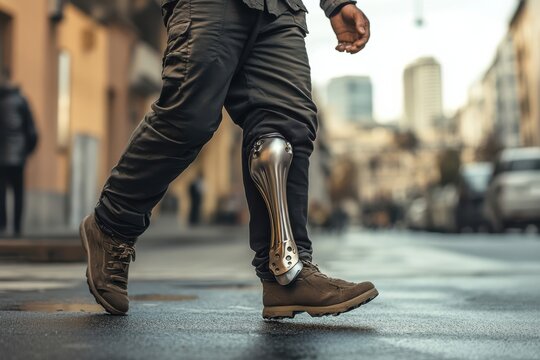 Man walking with modern bionic prosthetic leg on city street low angle view